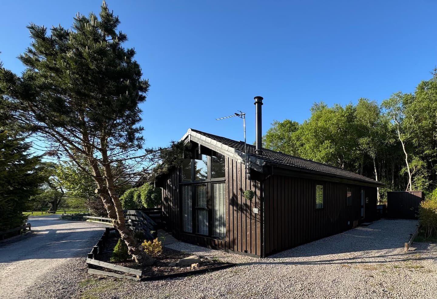 Fig Tree Lodge exterior on a bright day, surrounded by Lake District trees